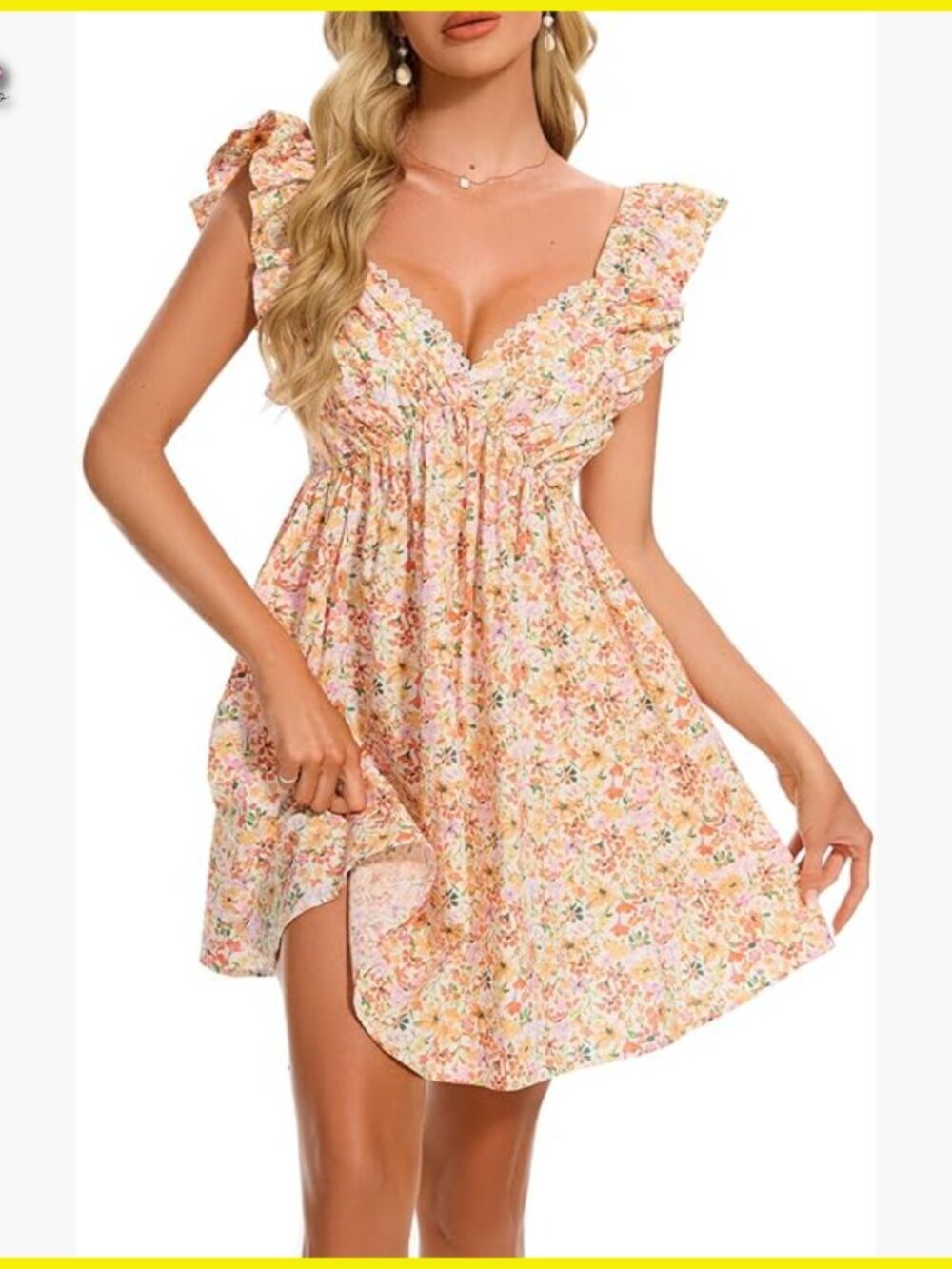 Floral Mini Dress V-Neck Puff Sleeve Babydoll Sundress Casual Elegant